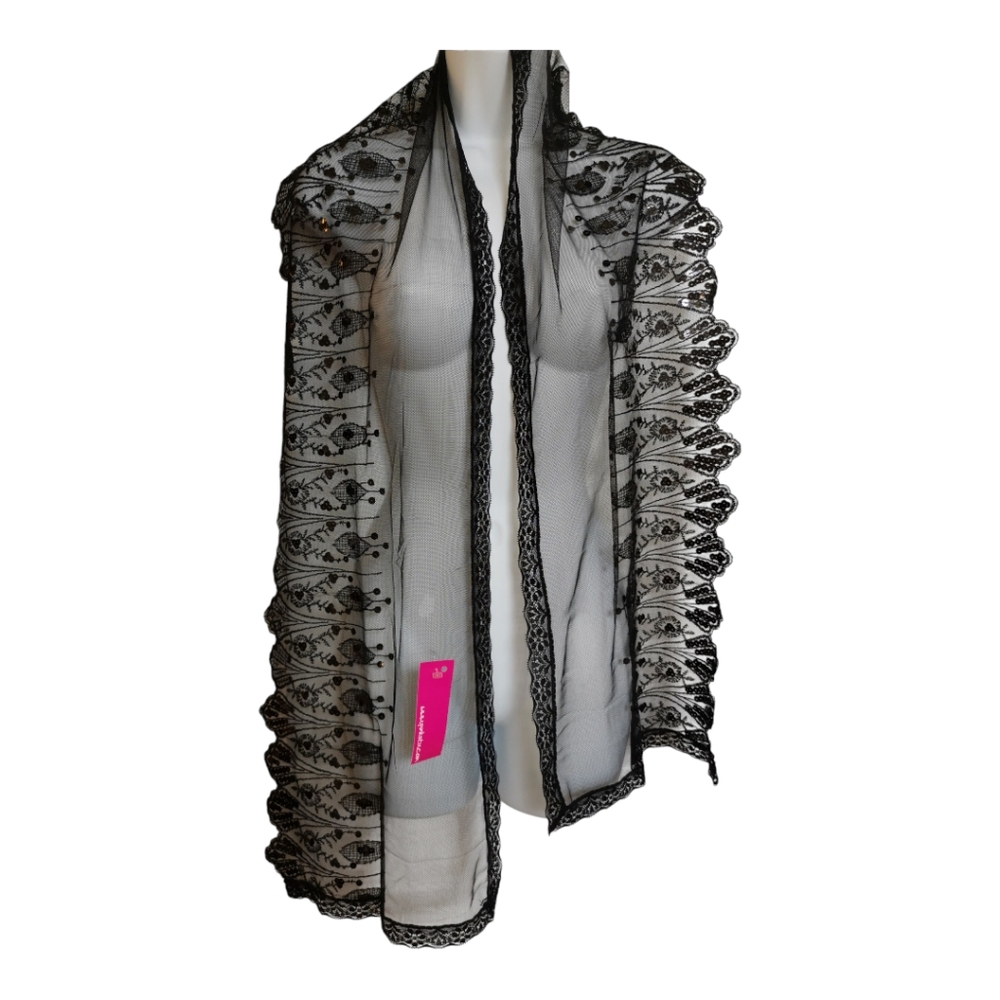 NWT Sheer Mesh Black Lace And Sequin Scarf shawl classic - Picture 2 of 3